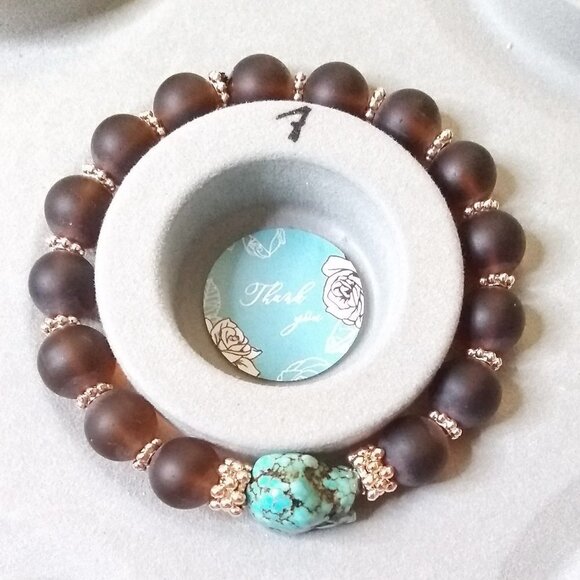 🎁🎁🎁 GIFT WORTHY ~ Beaded Bracelet + Earring Set! Turquoise + Brown + Rosegold - Picture 4 of 8